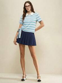 SHEIN Unity Spring/Summer New Blue & White Striped Polo Collar Half-Zip Waist Tie Bow Decor Sweet Cute T-Shirt, Retro College Style For Commuting - Blue and White - View 1