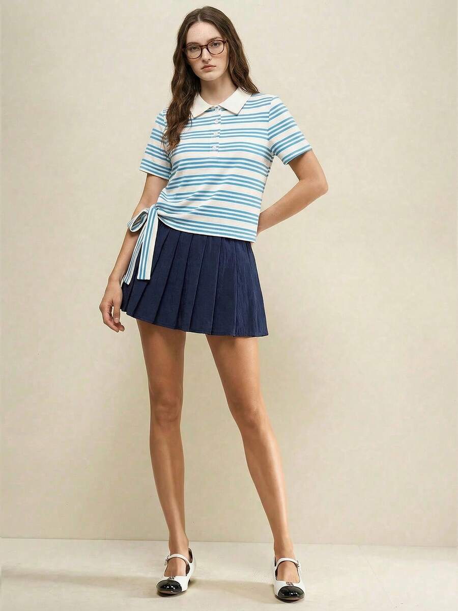SHEIN Unity Spring/Summer New Blue & White Striped Polo Collar Half-Zip Waist Tie Bow Decor Sweet Cute T-Shirt, Retro College Style For Commuting - Blue and White - View 1