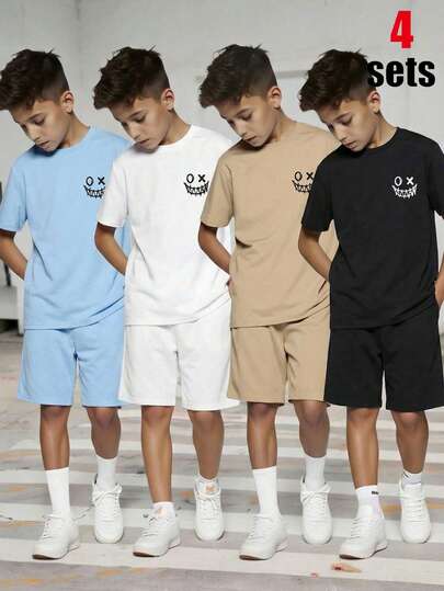 SHEIN 8pcs/Set Buy 4 Get 4 Free Tween Boy Casual Cool Face Print Round Neck Short Sleeve T-Shirt & Shorts Sports Pants Multi-Piece Set, White Set, Khaki Set, Black Set, Blue Set, Y2K Set, Basic Tops, Suitable For Spring/Summer, Outings, Valentine's Day, Dates, Travel, Vacation, Family Gatherings, Back To School, Wedding Season, Formal Events, Sports