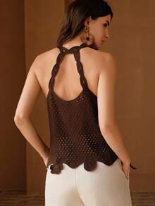 Anewsta 女士纯色圆领镂空休闲百搭日常上衣 - 棕色 - 查看 4