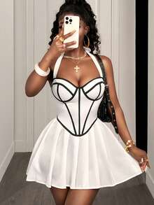 SHEIN BamGlam Summer Sexy Contrast Trim Ruched Hem Backless Halter Dress - White - View 1