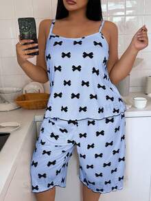 SHEIN Plus Size Women Bow Print Camisole & Capri Pajama Set - Blue - View 5