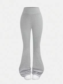 SHEIN Girlism Conjunto informal de 2 piezas para niña preadolescente: Camiseta ajustada de manga larga acampanada con pliegues en gris claro y pantalones acampanados para usar en casa, al aire libre, como atuendo de viaje en el aeropuerto, y para uso diario casual - Gris Claro - Ver 6