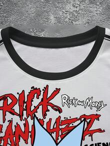 Rick and Morty X SHEIN Men's Casual Fashion Street Cartoon Character & Letter Graphic Contrast Striped Side Loose T-Shirt, Summer - White - View 4