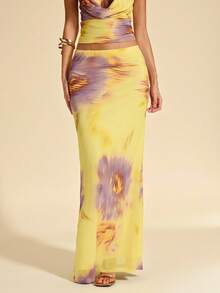 SHEIN BAE 女士印花垂领吊带背心和迷你裙两件套度假套装 - 黃色 - 查看 5