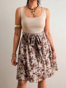 SHEIN VCAY Đầm hoa phối nhiều mảnh dành cho nữ cỡ lớn - Màu Khaki - Xem 5