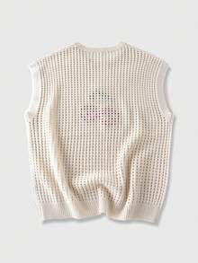 ROMWE MEN Chaleco de punto calado con bordado de cerezas para hombre - Beis - Ver 2