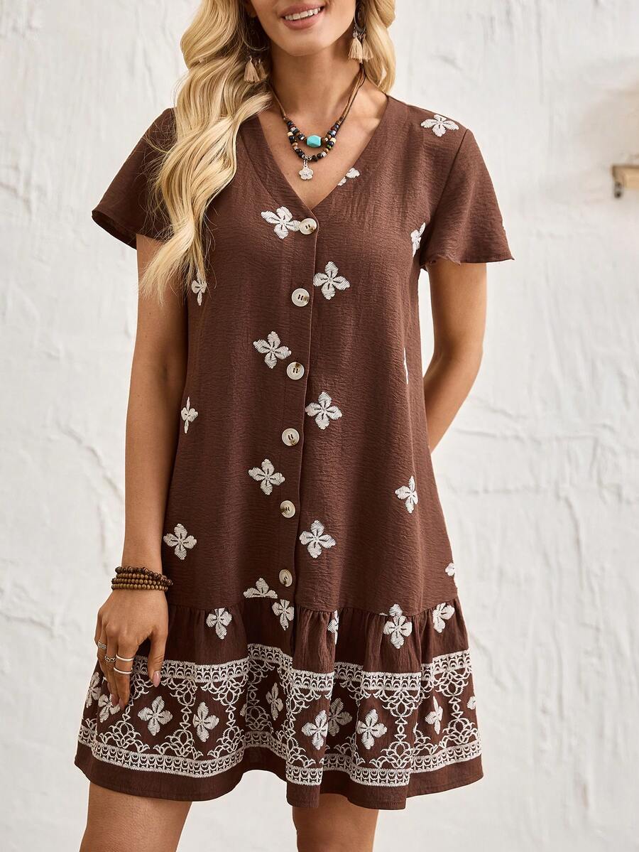Breezaya Women's Boho Brown Floral Embroidered Dress,Summer V-Neck Short Sleeve A-Line Loose Fit Vacation Beach Dress,Elegant Party Holiday Outing Dresses - Brown - View 1