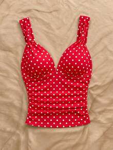 Soleia 女士优雅度假风波点针织面料扭结肩带褶皱修身吊带背心，适合度假、约会、下午茶、海滩、邮轮、城市旅行、海岛度假、音乐节、波西米亚风度假等场合，可内穿或外穿 - 紅白色 - 查看 7