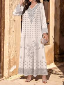 SHEIN Najma Floral Symmetry Design Pattern Print V-Neck Women's Long Sleeve Maxi Dress, Elegant Arabic Style Clothing, Spring/Summer - Multicolor - View 3