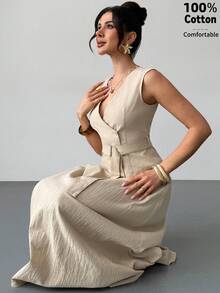 Firerie 女士春夏新款优雅简约上衣半裙套装，适合办公、通勤、约会、派对、婚礼、度假等场合。 - 卡其色 - 查看 5