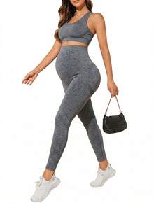 SHEIN 孕妇纯色高腰休闲运动七分裤 - 燧石 - 查看 5