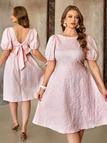 Roveilla Plus Size Baby Pink Textured Backless Tie A-Line Dress For Summer,Elegant Wedding Ninang Bridal Shower Brunch Puff Sleeve Dresses For Women - Pink - View 8