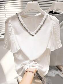 Franclia 女士优雅水晶装饰T恤，夏季 - 白色 - 查看 1