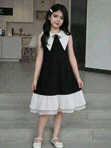 SHEIN Tween Girl Fashionable & Elegant Collared Sleeveless Dress Black And White Girls Dress - Black and White - View 11