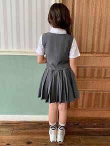 DAZY Tween Girl Preppy Style Double-Breasted Vest & Pleated Skirt Set - Grey - View 6
