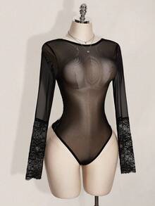 SHEIN ICON 女士时尚性感蕾丝拼接透视网纱连体衣 - 黑色 - 查看 5
