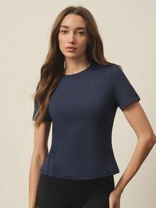 With My Calm With My Calm Kaos Olahraga Lengan Pendek Kasual Musim Panas dengan Grafis Huruf dan Bahan Bernapas - Navy Blue - View 4