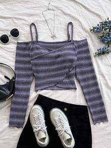 Soleia 女士V领渐变色交叉露肩短款上衣，扭结下摆针织短款上衣 - 紫色 - 查看 3