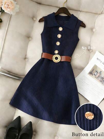 Franclia Women's Spring/Summer Commute, Casual, Elegant, Versatile, Solid Color, Lapel Collar, Straight Shoulders, Slim Fit, Sleeveless, Metal Buckle, A-Line Hem, Regular-Style Knit Sweater Dress; Suitable For Summer Holidays, Women's Beachwear, Elegant Dress, Resort Wear, Blue Dressfashionable Casual Commuter Wear, Business Office Wear, Versatile And Stylish Everyday Casual Wear, Urban Teacher's Professional Attire Navy Dress Preppy Dress