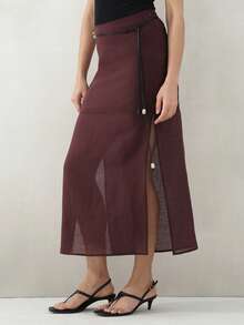 KSTM Elegant Burgundy Layered Sheer Wrap Skirt With Button Details For Fall Autumn Midi Length A-Line Semi Transparent Chiffon Fashion - Brown - View 5