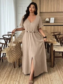 Weeklong Plus Size Women's Beaded Decor A-Line V-Neck Casual Dress, Spring/Summer - Apricot - View 4