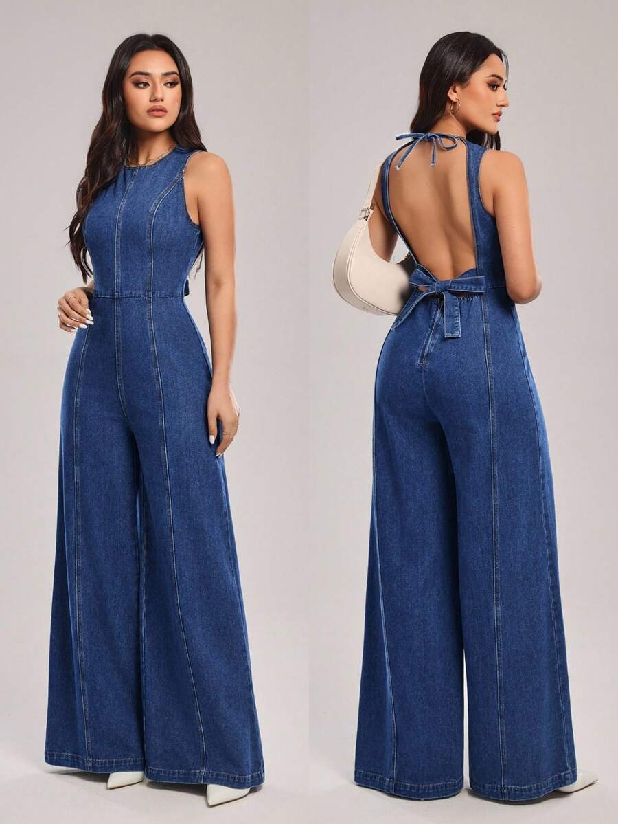 SHEIN Tall Women's Backless Twist Design Fashionable Wide Leg Sleeveless Denim Jumpsuit - Blue - View 1