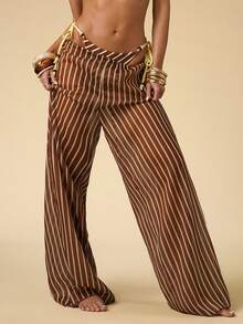 SHEIN BAE Women's Striped Drawstring Waist Casual Versatile Daily Wear Cover Up & Wide Leg Pants Set - Chocolate Brown - View 4