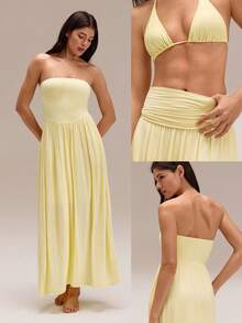 2-In-1 Two-Way Wear Strapless Dress Keep It Breezy Ultra-Fine Soft Texture Side Pockets  Foldable Daily Casual Wear - Yellow - View 10