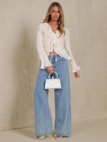 Glamine Women's Elegant Sexy Ruffle Trim Chiffon Jacquard Long Sleeve Blouse - Apricot - View 1