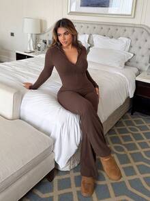 女士时尚休闲前拉链及中间拉链加厚喇叭裤连体裤，带帽，长袖长裤，秋冬款 - 咖啡棕 - 查看 5