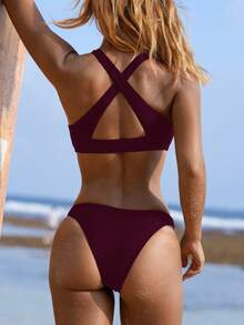 Swim SPRTY New Summer Women's Backless Criss-Cross Casual Vacation Outfit - Red Violet - View 2