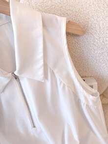 Franclia 优雅时尚白色翻领前拉链修身弹力衬衫，女士春夏白色休闲衬衫，适合夏季度假穿着 - 白色 - 查看 4