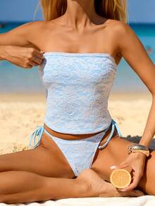 Swim Mod Light Blue Floral Summer Women's 2 Pieces Bikini Set,Sensual Lace Bandeau Swimwear For Pool Party,Holiday,Beach,Cute Sweet Modest 2 Pieces Outfits - Blue - View 3