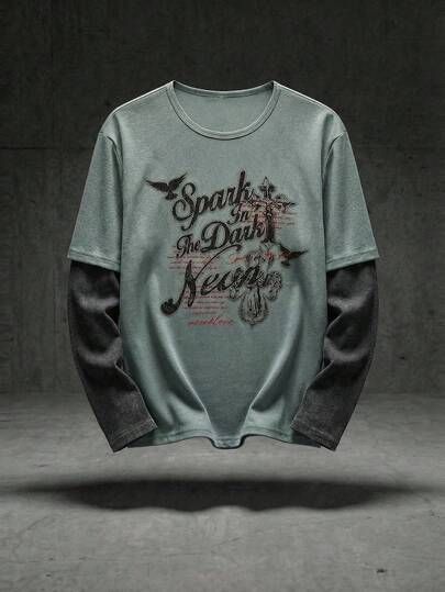 NEON BLANC 男士休闲撞色字母印花圆领长袖T恤，秋季款