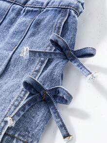 SHEIN Young Girls Denim Bib Pants And Jumpsuit New Casual Fashion Pleated Skort Design Sweet School Style Light Blue Denim Jumpsuit Shorts - Blue - View 7