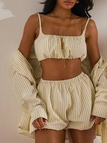 Opulessa 3pcs/Set Spring & Summer Vacation Woven Striped Loose Shirt & Camisole & Shorts Women 2 Pieces Set - Light Yellow - View 1