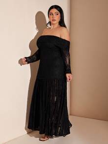 SHEIN BAE Đầm ren đen dài trễ vai cỡ lớn dành cho nữ, thích hợp cho kỳ nghỉ. - màu đen - Xem 5