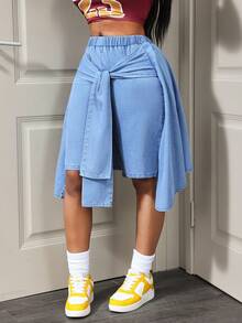 BamGleam Quần short denim thường ngày dành cho nữ - Màu xanh lam - Xem 3