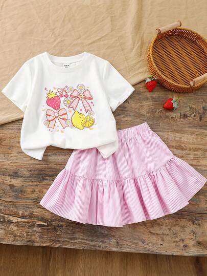 Emery Rose Kids 2pcs Young Girl Knitted Solid Color Round Neck Casual T-Shirt And Striped Skirt Set