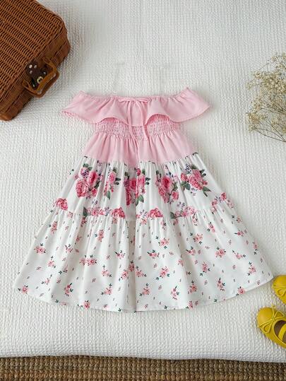 Emery Rose Kids Vestido casual de un hombro con volantes, parches y estampado floral de color contrastante para niña