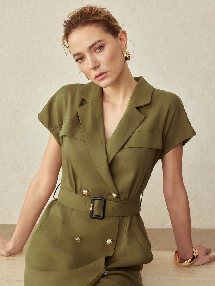 SPRING/SUMMER LINEN BLEND UTILITY POCKET TIE-WAIST MIDI DRESS, VINTAGE STYLE