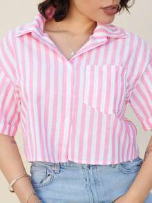 Lupita Cardoza 条纹短款宽松翻领短袖女式衬衫 - 玫紅色 - 查看 3