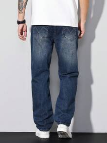 Manfinity Homme Quần jeans nam ống đứng màu xanh nhạt kiểu retro vintage thường ngày. - Rửa trung bình - Xem 2