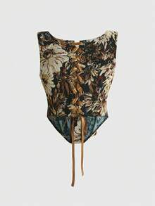 ROMWE Fairycore Top a bustier con laccio in tessuto jacquard floreale in stile retrò, romantico e cottagecore per le donne - Castano - Visualizzare 2