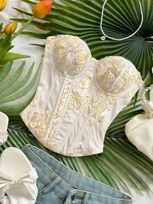 Soleia 优雅的3D立体花卉鱼骨纹文胸上衣，夏季 - 杏色 - 查看 4