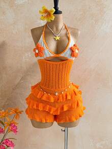 Soleia 女士度假休闲亮橙色花卉装饰荷叶边下摆连体裤，适合海滩、邮轮、城市度假、音乐节、波西米亚风、夏季等场合，四季皆宜，日常通勤也适用。 - 橘色 - 查看 8