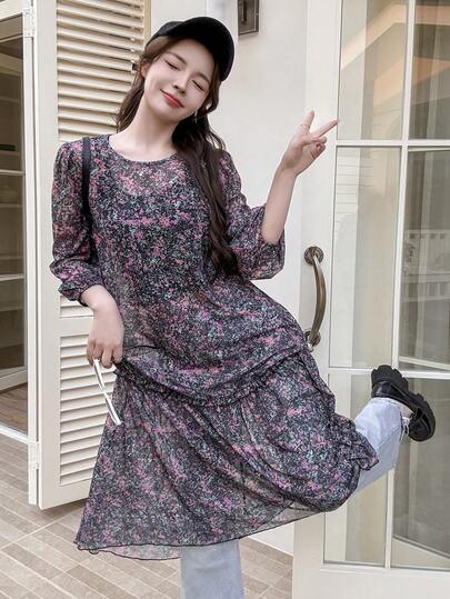 K-Vae 女士优雅休闲约会连衣裙，圆领网纱印花，适合春季、夏季、假日、度假穿着