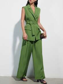 Aveloria Modichic Minimalist Versatile Commuting Chic Sleeveless Lapel Belt Blazer Jacket Paired With Wide Leg Suit Pants, Women's Suit Set - Green - View 5