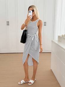 Easowa Women's Black And White Striped Side Knot Sleeveless Casual Coastal Chic Dress Ladies Zanzea Women Cute Summer New Arrival Bodycon Vacation - Black and White - View 4